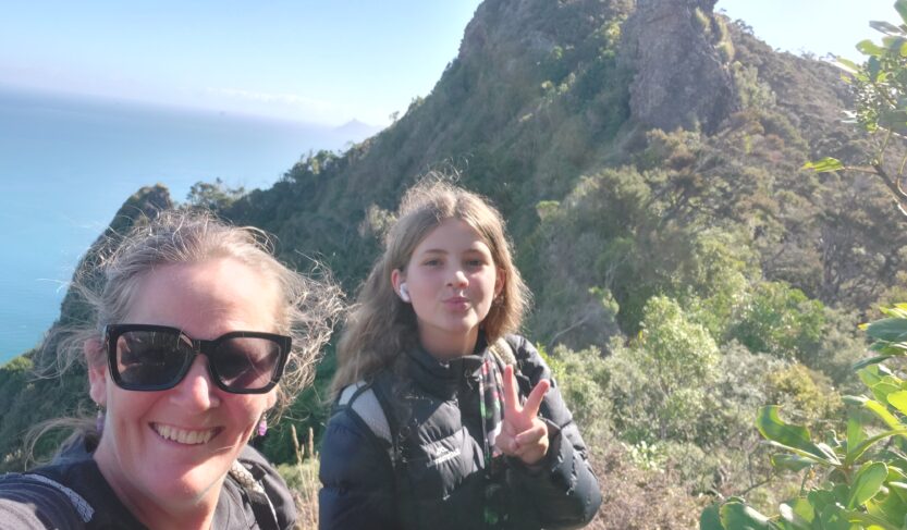 Bridget and her daughter Elliott up on the ridge of Te Whara.